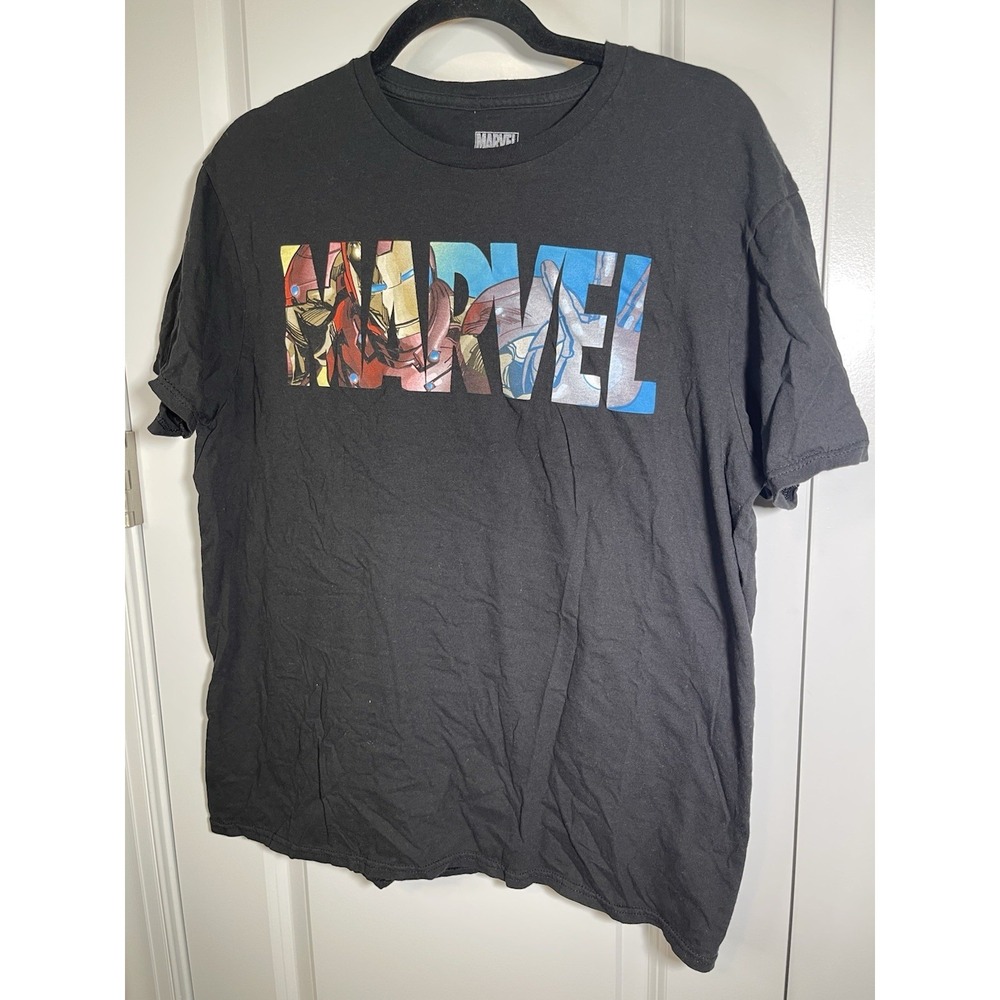 Men's Marvel Shirt Large Black Short Sleeve Marvel Spellout‎ Graphic Iron Man